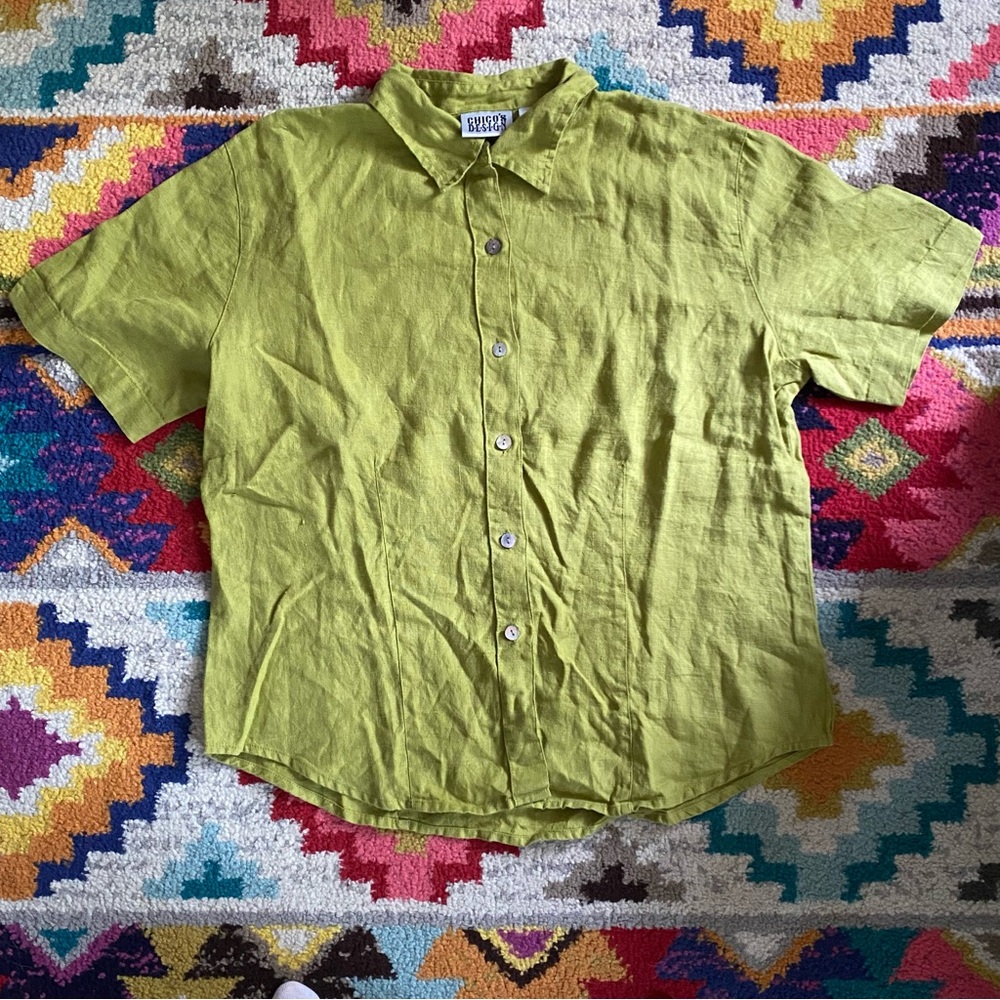 Vintage 1990s Boxy 100% Linen Lime Green Button Up Short Sleeve Shirt